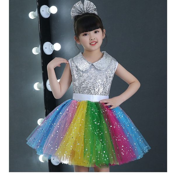 10sets) new children's floral skirt rainbow skirts girl's princess skirt colorful dress children's sequins modern dance, Black;red